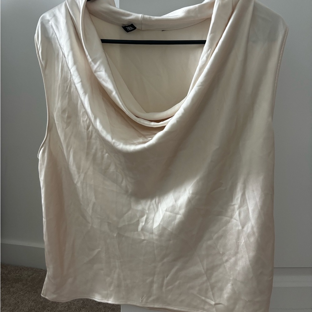Zara Cream Satin Cowl Neck Top